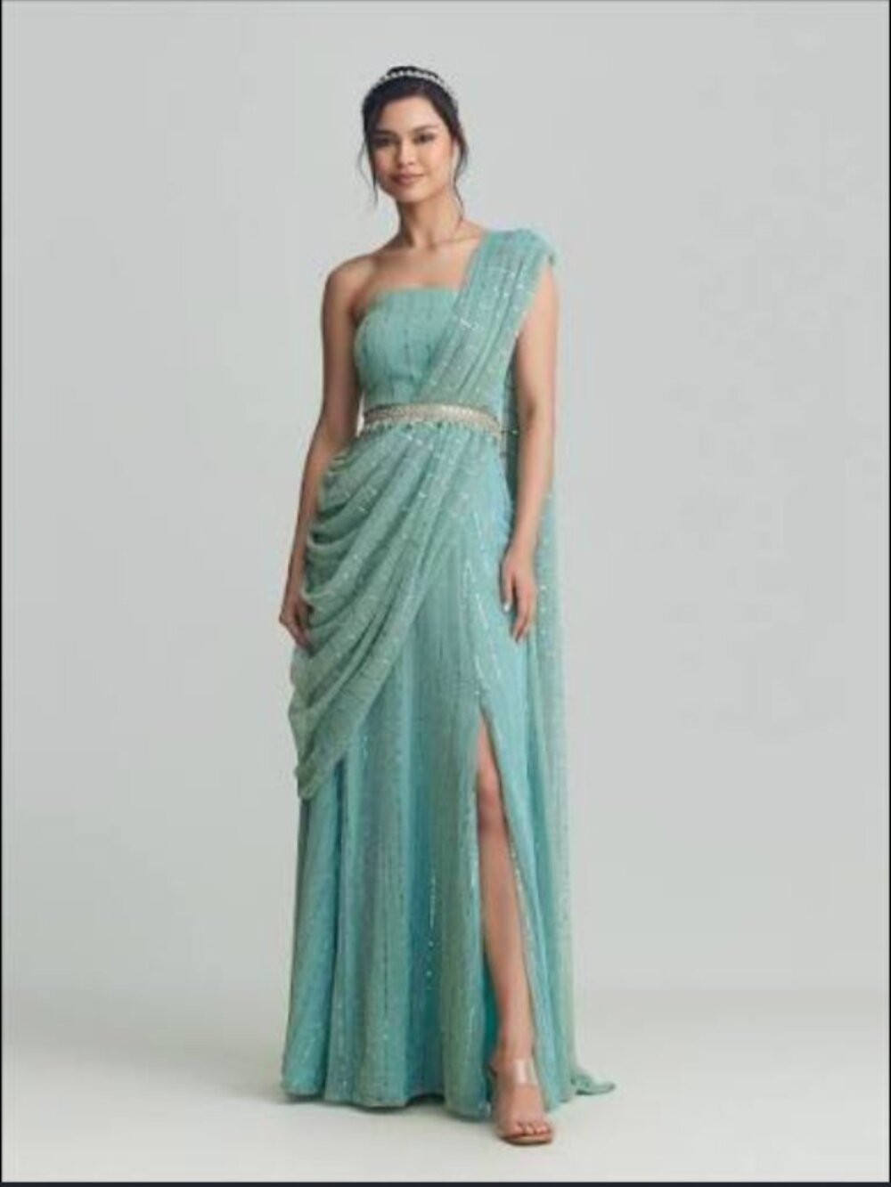 HoliCHIC Avni Sage Sequin One Shoulder Sari Gown L